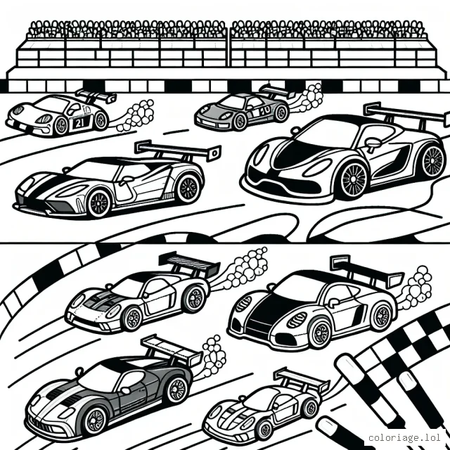 Dessinez plusieurs voitures de sport zoomant sur une piste de course avec des pit stop sur le côté. Chaque voiture devrait être unique en termes de design et de style pour permettre aux enfants d'explorer une variété de couleurs et de motifs. N'oubliez pas d'inclure un public dans les gradins de la course.