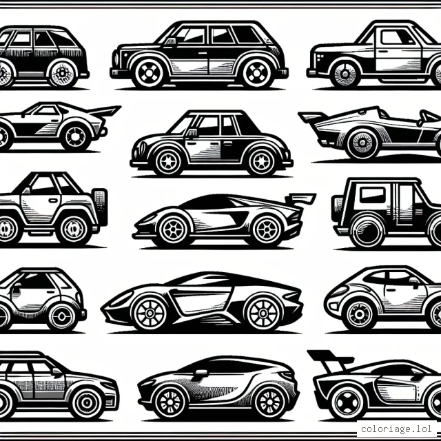 Dessine une série de voitures par marque réputée. Que ce soit BMW, Mercedes, Audi, Ferrari, Lamborghini, Porsche, Ford, Kia ou Renault, faites ressortir les caractéristiques uniques de chaque marque.