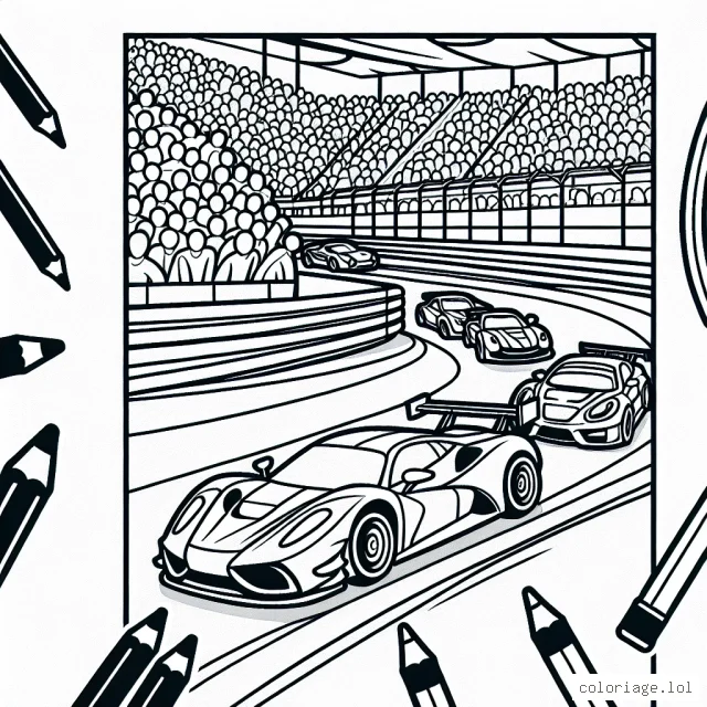 Dessine une course effrénée de voitures de sport colorées sur une piste sinueuse avec un public animé en arrière-plan.