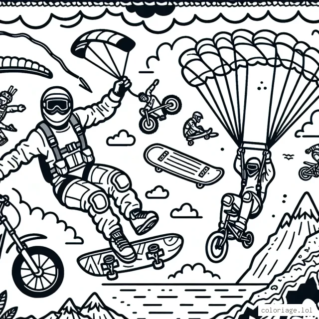 Imaginez une scène intense de sports extrêmes, où des athlètes sont en action faisant du parachute, du surf, du skate, de l'escalade et du BMX.