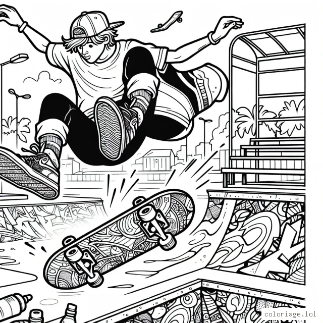 Une image détaillée d'un skateur qui effectue une acrobatie de haute voltige dans un skatepark urbain. Le skateur est en plein air et en semi-volée, sa planche tournant sous lui. Il y a également des graffitis colorés en arrière-plan. L'image comprend beaucoup de détails pour offrir aux enfants l'opportunité d'utiliser une variété de couleurs et de techniques.