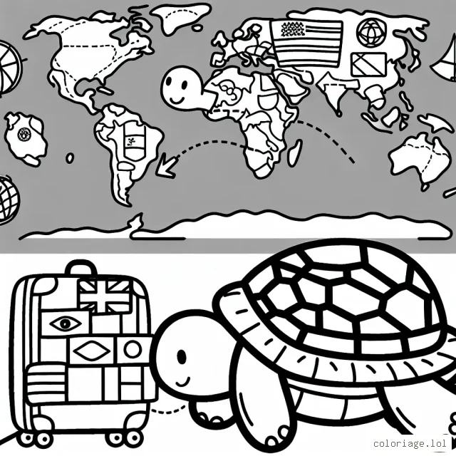 Une tortue voyageuse passant à travers différents pays
