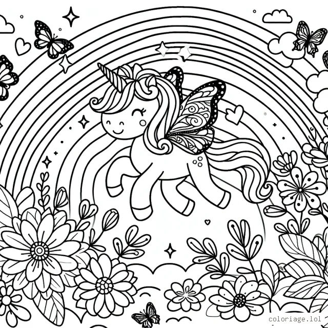 Un jardin enchanté avec une petite licorne aux ailes déployées, entourée de papillons scintillants, de fleurs exotiques et d'un arc-en-ciel coloré qui traverse le ciel.