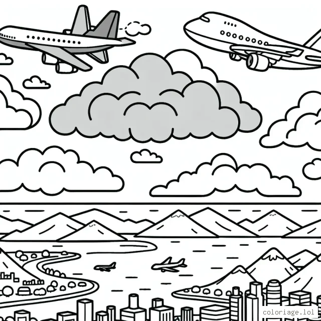 Imagine deux avions volant dans le ciel, l'un est un avion à réaction rapide et l'autre un avion cargo lent, tous deux survolant diverses formes de nuages. En dessous, on voit les montagnes, l'océan et une ville animée. Ajoute de la couleur aux avions, au ciel, aux nuages, au paysage ci-dessous, et n'oublie pas de mettre en valeur les détails des avions !