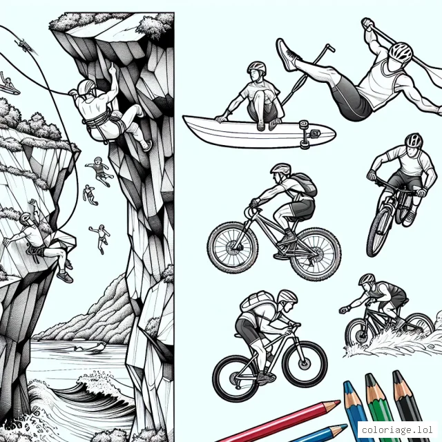 Sur cette page, tu trouveras plusieurs sportifs s'adonnant à des sports extrêmes. De l'escalade de falaise au surf sur des vagues géantes, en passant par le saut à vélo sur de grands obstacles, ton défi sera de leur donner vie avec tes crayons de couleurs !