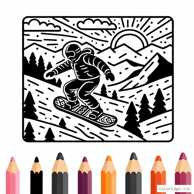 Dessinez un snowboarder descendant une montagne au coucher du soleil avec d'autres sportifs extrêmes en arrière-plan