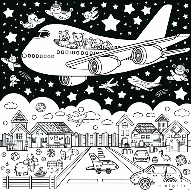 Un grand avion de ligne survolant le ciel étoilé avec à son bord des animaux du monde entier. Dessous, une ville animée avec des maisons de différentes architectures et un aéroport avec des avions au sol qui se préparent pour leur prochain voyage.
