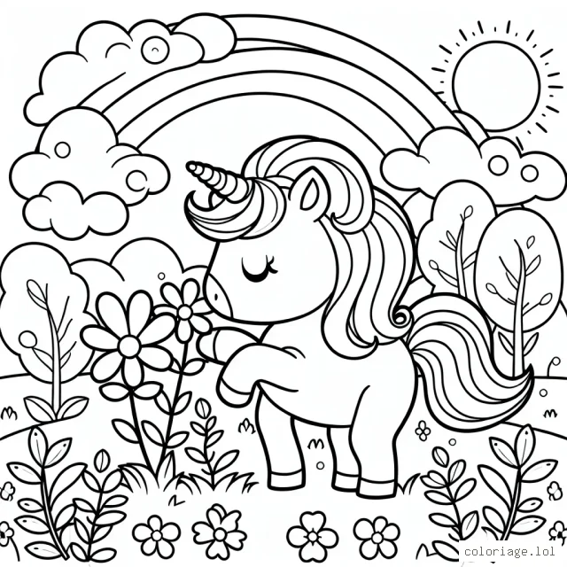 Une adorable licorne jouant avec des fleurs dans un paysage féerique