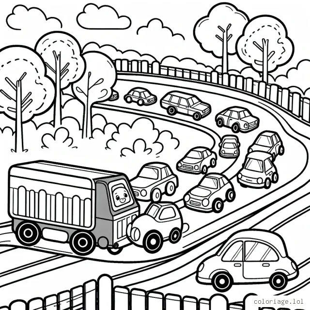 Un cortège de voitures colorées sur un circuit animé