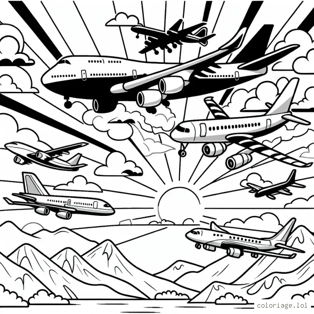 Imaginez une scène dynamique dans le ciel, où plusieurs types d'avions volent ensemble. Il y a un grand avion de passagers, un avion à hélice, un jet rapide et même un avion de chasse. Il y a aussi des montagnes en arrière-plan et un soleil couchant qui colore le ciel. Votre tâche est de colorier cette scène magnifique et vivante.