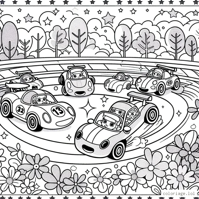 Une scène animée candide d'une course de voitures de sport avec des voitures colorées zippant le long d'une piste de course, des arbres environnants et un ciel vibrant.
