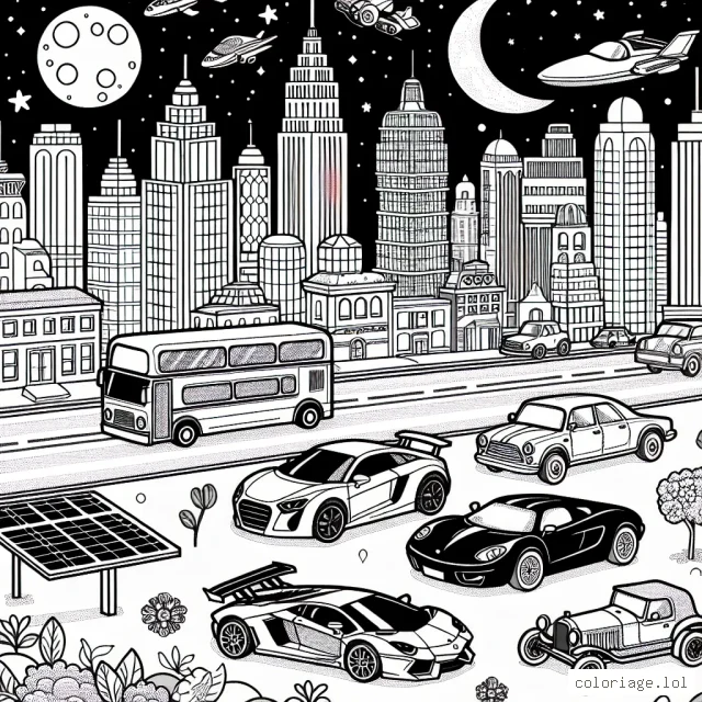 Imagine une scène animée avec différents types de voitures se trouvant dans une ville animée, sous un ciel étoilé. Il y a des voitures de sport, des voitures à énergie solaire, des voitures à l'ancienne et peut-être même une voiture volante!