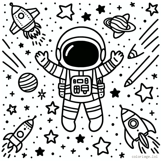 Un astronaute ceint d'une ceinture d'outils flottant au milieu d'étoiles filantes et d'une variété de vaisseaux spatiaux colorés.