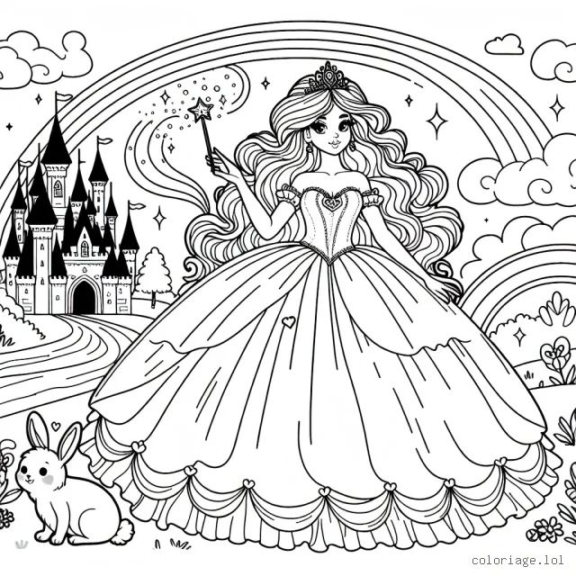 Sur une page de ton livre, il y a une belle princesse avec une jolie robe volumineuse, elle tient une baguette magique. Derrière elle, il y a un château enchanté et un arc-en-ciel. Il y a aussi un petit lapin à ses pieds.