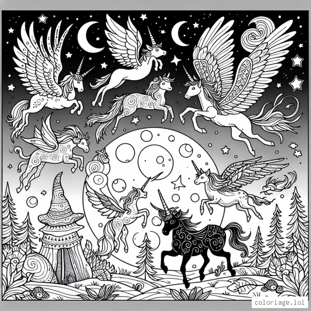 Un groupe de créatures mystiques volant au clair de lune.