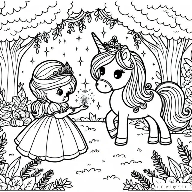 Image à colorier représentant une petite princesse jouant avec un poney magique dans un jardin enchanté