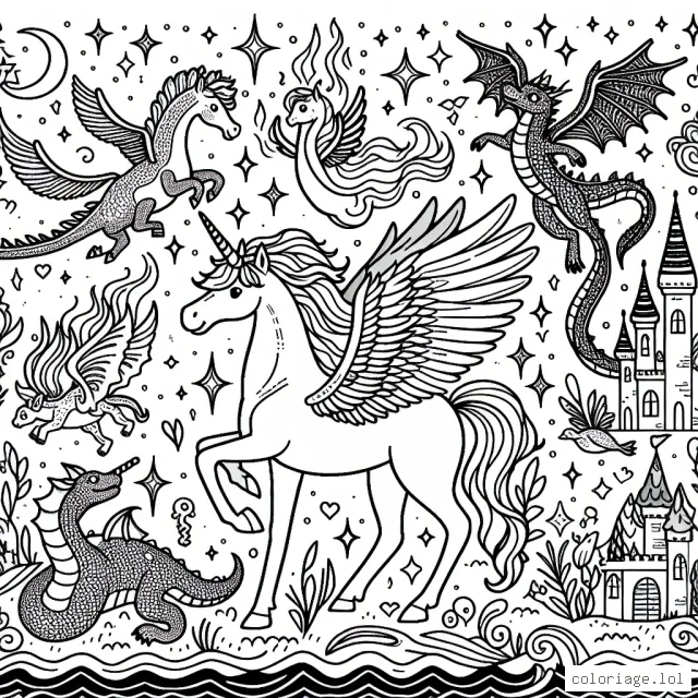 Imaginez un univers fantastique peuplé de licornes ailées, de dragons cracheurs de feu, de fées scintillantes et de châteaux mystiques.