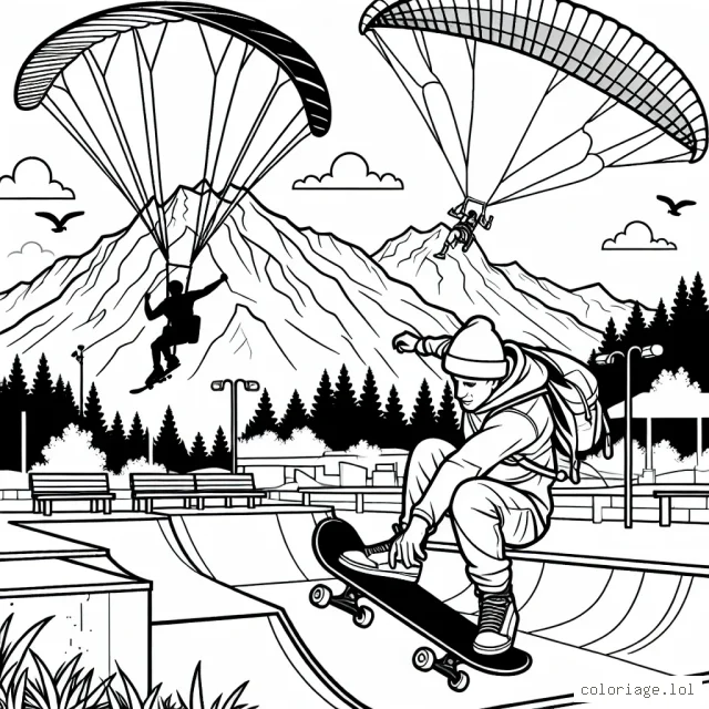 Un skateboarder performant un trick dans un skatepark urbain, avec une montagne en arrière-plan où un parapentiste est en plein vol à côté d'un grimpeur qui escalade une falaise.