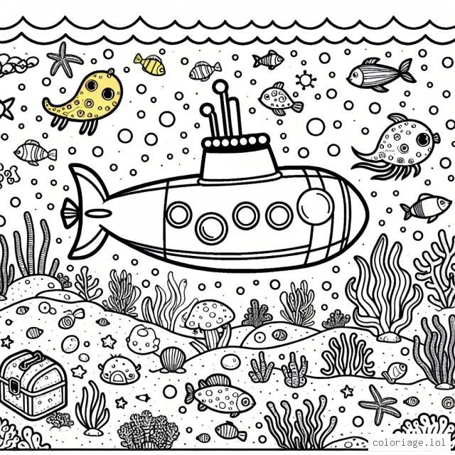Un sous-marin jaune naviguant à travers un océan de créatures marines colorées, passant devant un trésor immergé