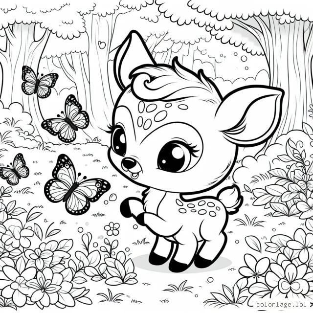Une petite biche dans une forêt enchantée joue avec des papillons