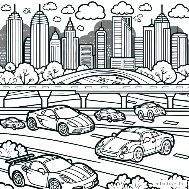 Dessine une course effrénée entre des voitures de sport sur une autoroute colorée, avec un paysage urbain en arrière-plan