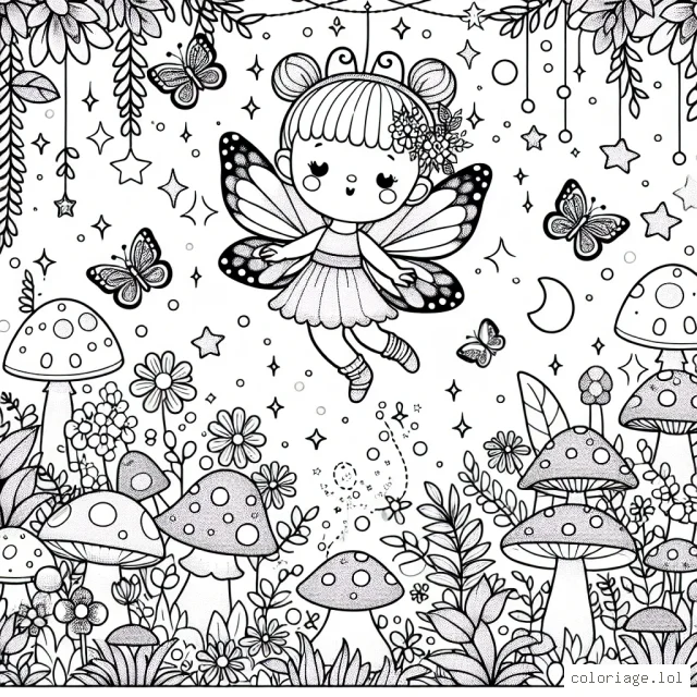 Une adorable petite fée aux ailes de papillon virevolte dans un jardin magique, peuplé de fleurs, de champignons de couleurs vives et d'étoiles scintillantes.