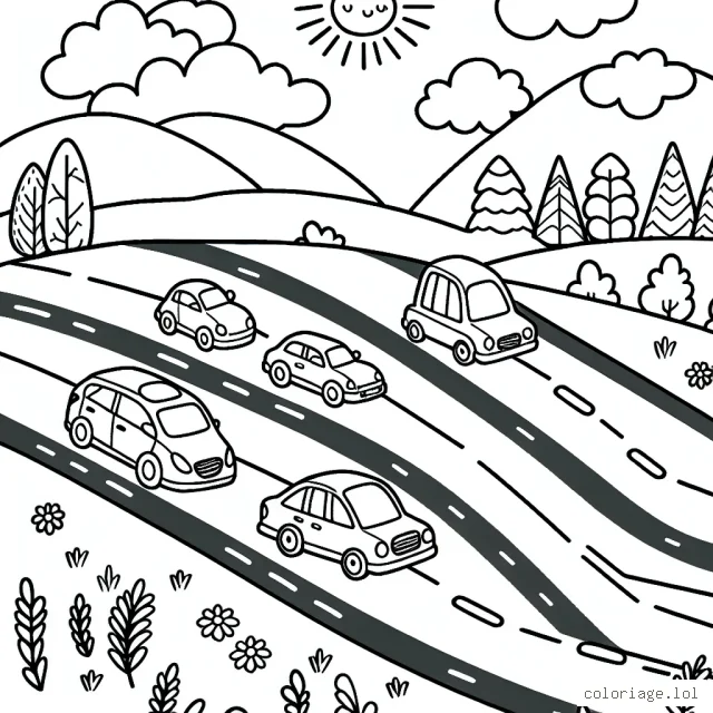 Une journée ensoleillée sur la route à découvrir et colorier les voitures par marque!