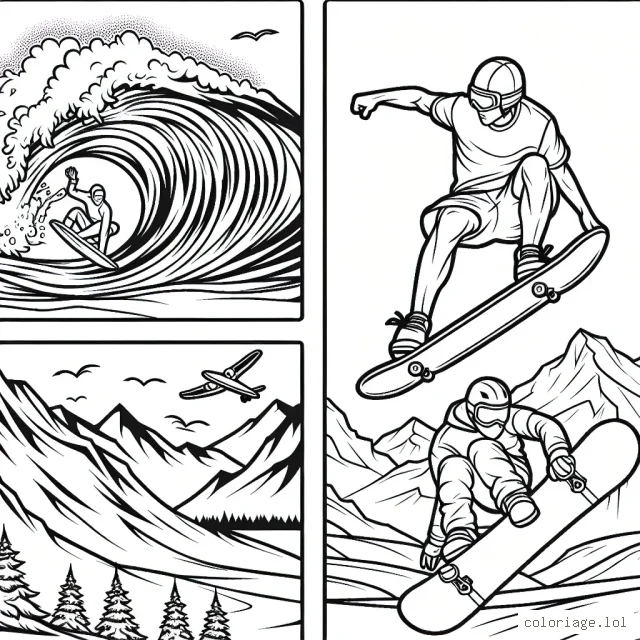Dessine un surfeur affrontant une immense vague, un skateur réalisant une figure aérienne, et un snowboarder dévalant une montagne enneigée