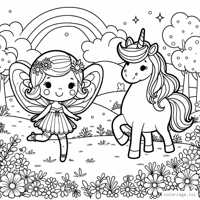 Dans un monde enchanté, une délicieuse petite fée virevolte joyeusement avec son ami licorne dans une prairie parsemée de belles fleurs colorées. Pouvez-vous les aider à rendre cet endroit encore plus éclatant?