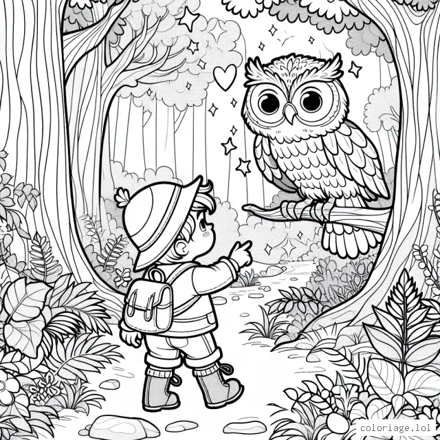 Un petit garçon explorateur dans une forêt enchantée, guidé par un vieux hibou sage