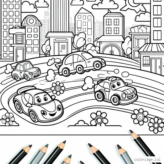 Une course amusante de voitures animées traversant une ville animée avec de nombreux détails à colorer.