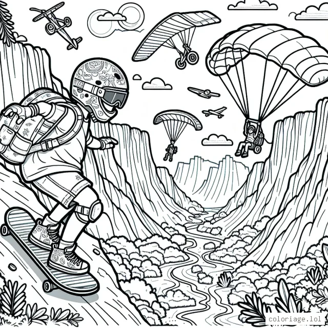 Sur une grande montagne escarpée, un aventureux skateboarder descend un chemin abrupte au milieu de la nature sauvage. Canyons, ruisseaux et arbres forment le panorama. Il porte un casque de design cool, un t-shirt ample et des shorts. Près de lui, un parachute est en train de décoller, emmenant un parapentiste courageux dans les cieux. Au loin, des sports extrêmes comme le saut à l'élastique, le motocross et le ski de montagne peuvent être vus.