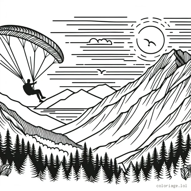 Un athlète en plein vol lors d'un saut en parapente au-dessus de montagnes pointues bordées de forêts, avec un soleil levant en arrière-plan.