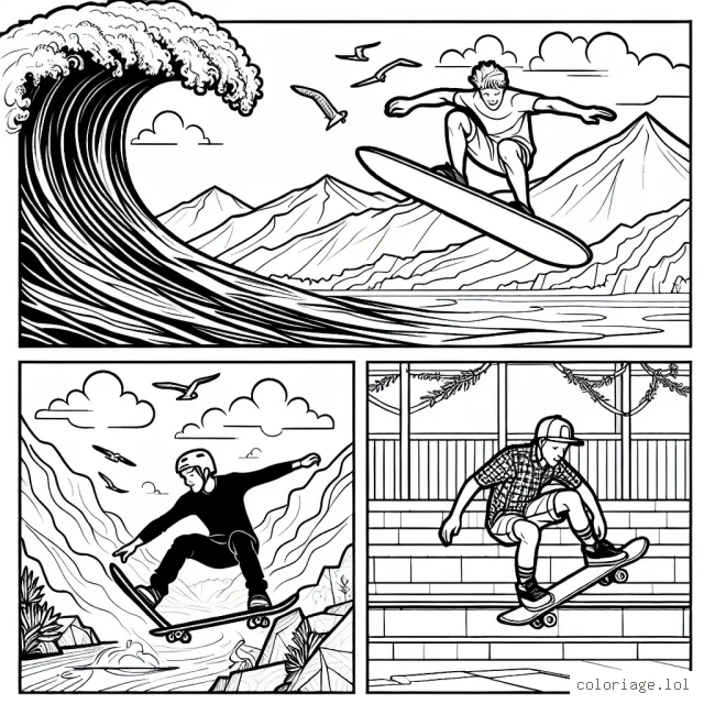 Dessine un surfeur en pleine action sur une vague gigantesque, un snowboarder sautant au-dessus d'une montagne et un skateur faisant un ollie sur un skateboard dans un skatepark.