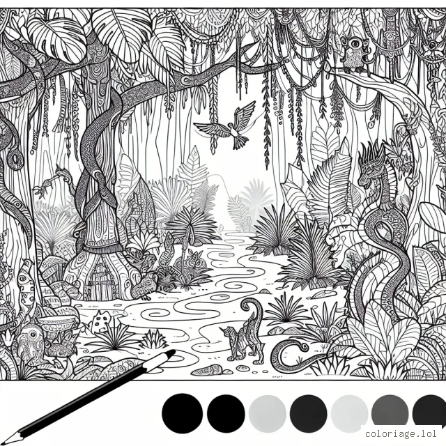 Une aventure mystérieuse au cœur de la jungle avec divers animaux exotiques et des plantes fantastiques