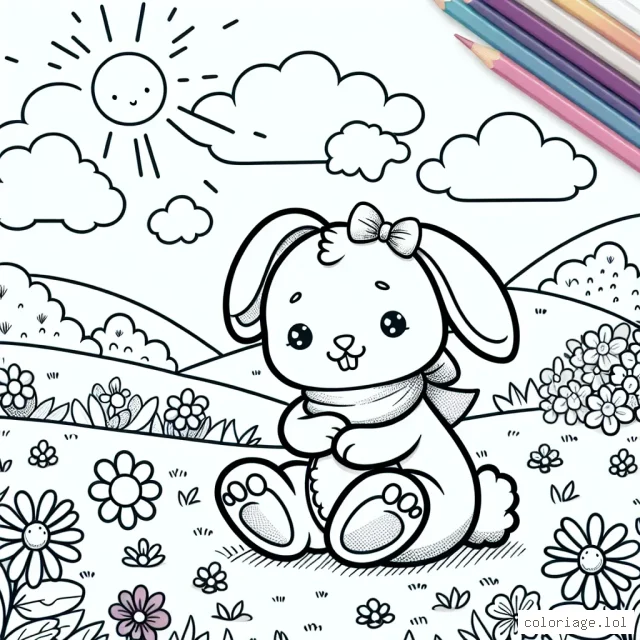 Un adorable petit lapin dans une clairière fleurie, par une belle journée ensoleillée.