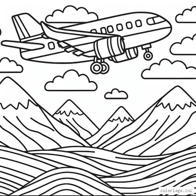 Un grand avion survolant les montagnes pour les enfants à colorier