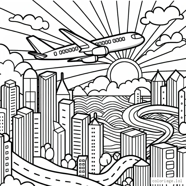 Un avion survolant une ville animée, entre les gratte-ciel, avec un lever de soleil en arrière-plan