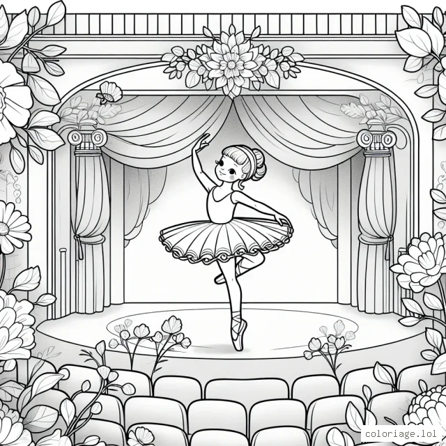 Une jeune ballerine danse gracieusement sur la scène d'un grand théâtre, entourée de fleurs qui dansent avec elle.