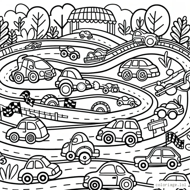 Un circuit de voiture avec différentes marques de voitures et d'obstacles