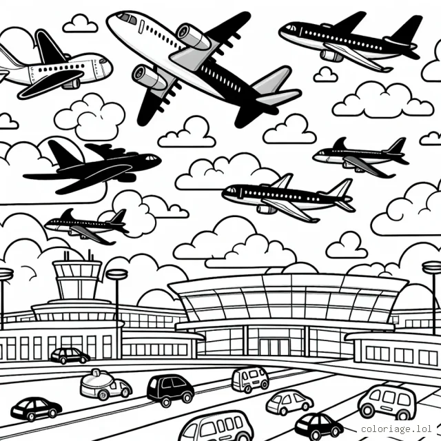 Imaginez une scène avec plusieurs types d'avions dans le ciel, certains à réaction, d'autres à hélice qui volent au-dessus d'un bel aéroport