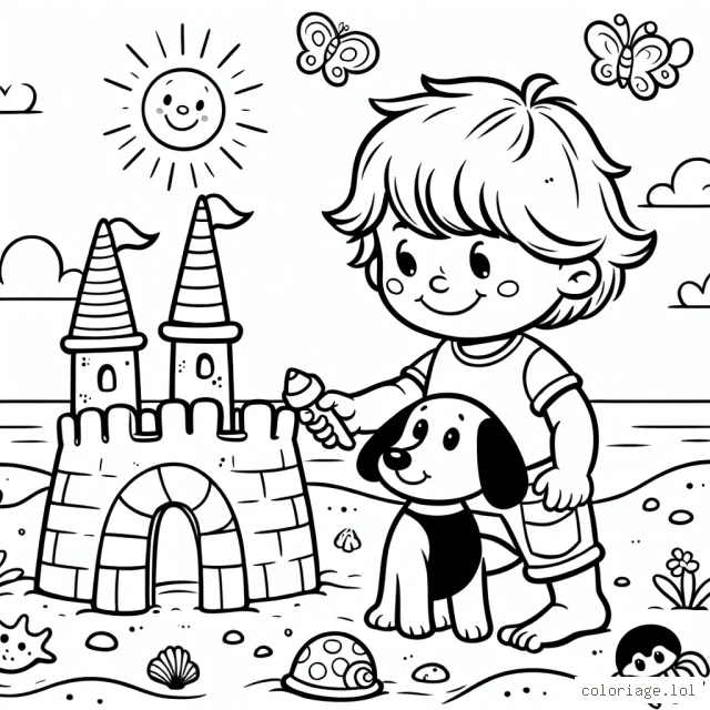 Un petit garçon nommé Léo et son chien fidèle, Biscuit, sont en train de construire un château de sable sur une plage ensoleillée. Autour d'eux, on peut voir des coquillages colorés, des crabes curieux et de jolis papillons. Tu peux voir un joyeux soleil dans le ciel et un fun pirate cherchant son trésor à proximité du château de sable.