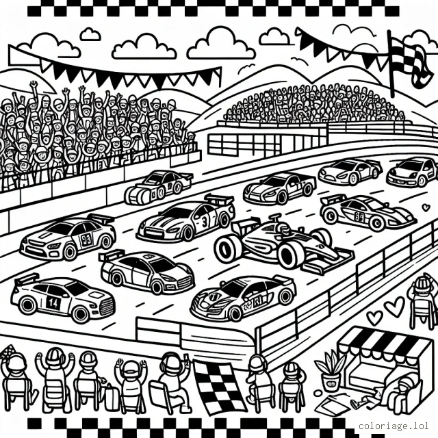 Imagine une scène d'un circuit de course avec des voitures de différents types et des pilotes enthousiastes. N'oublie pas d'ajouter des détails comme le stand de ravitaillement, les spectateurs, etc.