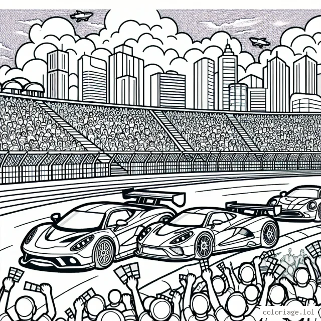 Dessine une scène animée d'une course de voitures de sport rutilantes sur une piste de course remplie de foule.