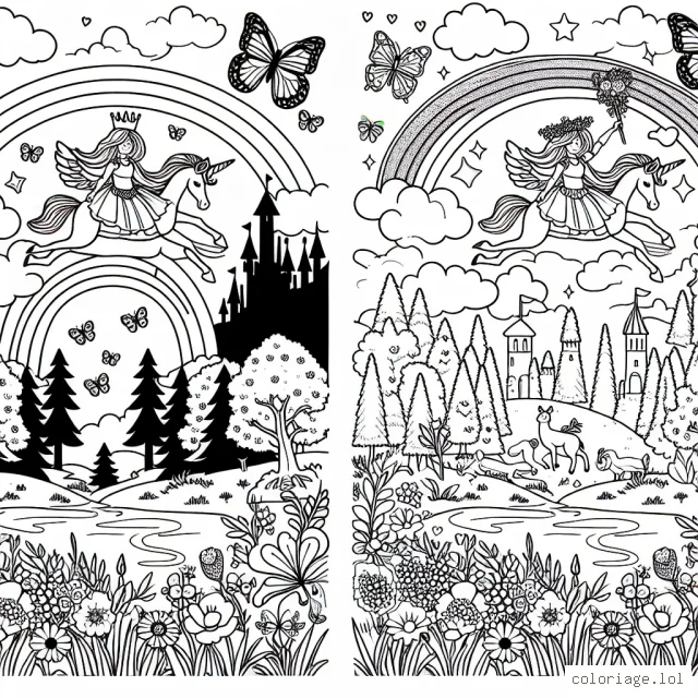 Un paysage féérique avec une princesse chevauchant une licorne, survolant un arc-en-ciel au dessus d'un château magique, entouré de papillons multicolores et d'animaux de la forêt.