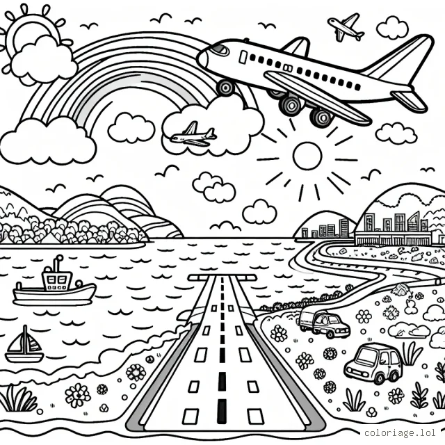 Un avion survole l'océan, tandis qu'un autre décolle du tarmac ensoleillé d'un aéroport animé. Des montagnes au loin, un ciel bleu avec des nuages cotonneux ainsi qu'un arc-en-ciel qui ajoutent de la diversité à l'arrière-plan