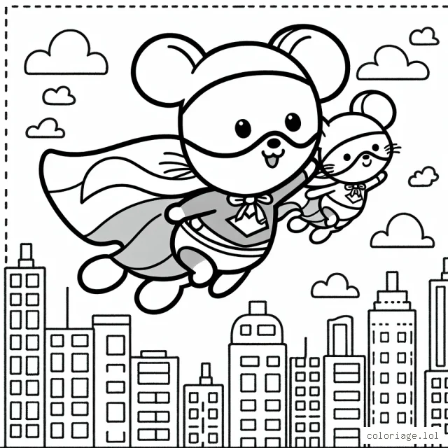 Un dessin montrant une petite souris vêtue d'un costume de super-héros, volant au-dessus de la ville.