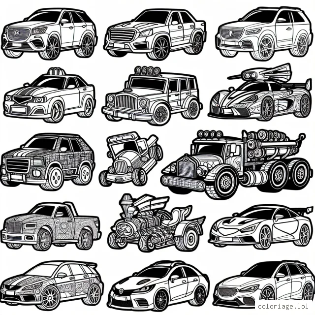 Voici un assortiment unique de voitures détaillées et mémorables pour ton plaisir à colorier ! Chaque voiture appartient à une marque spécifique pour t'offrir une variété fascinante à découvrir tout en coloriant. Amuse-toi en remplissant ces voitures avec des couleurs vives et en apprenant sur chaque marque en passant. Peux-tu reconnaître la marque de chaque voiture à son dessin ?