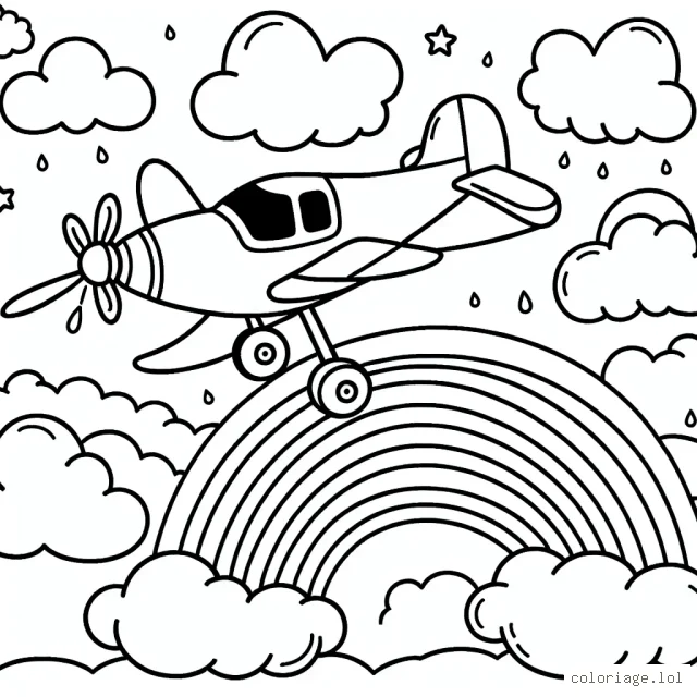 Un avion à hélices volant au-dessus des nuages, avec un arc-en-ciel en arrière-plan.