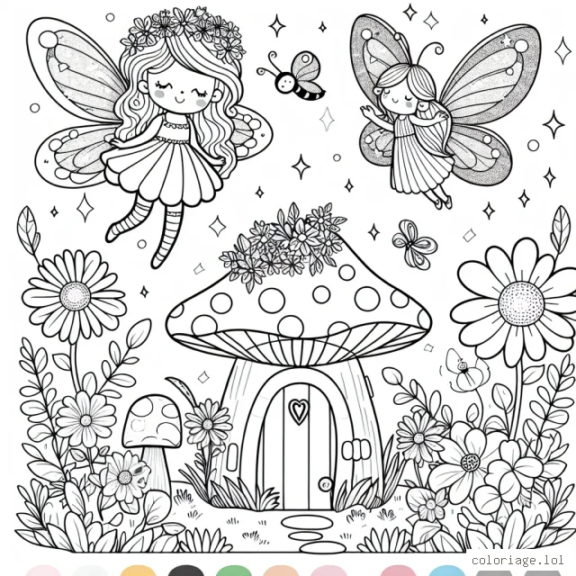 Sur cette grande page blanche, il y a un magnifique jardin de fées avec une belle fée aux ailes chatoyantes flottant, une petite maison champignon et des fleurs multicolores. Il y a aussi un charmant petit papillon et une coccinelle à côté des fleurs. C'est à toi de donner vie à cette scène en utilisant tes couleurs préférées.